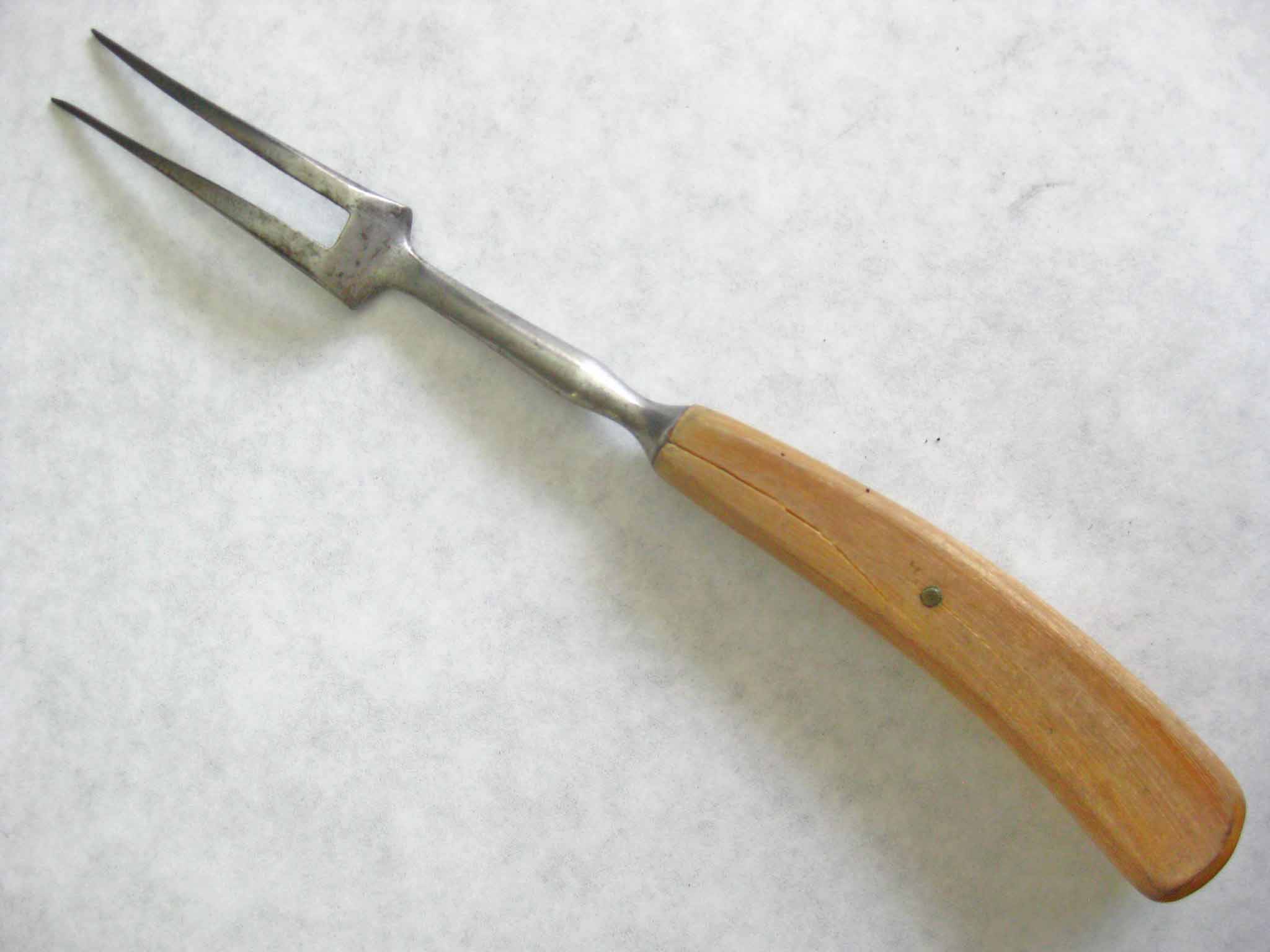 2 Antique 6 1/2" 2 Prong Pewter Forks with wood handles antique